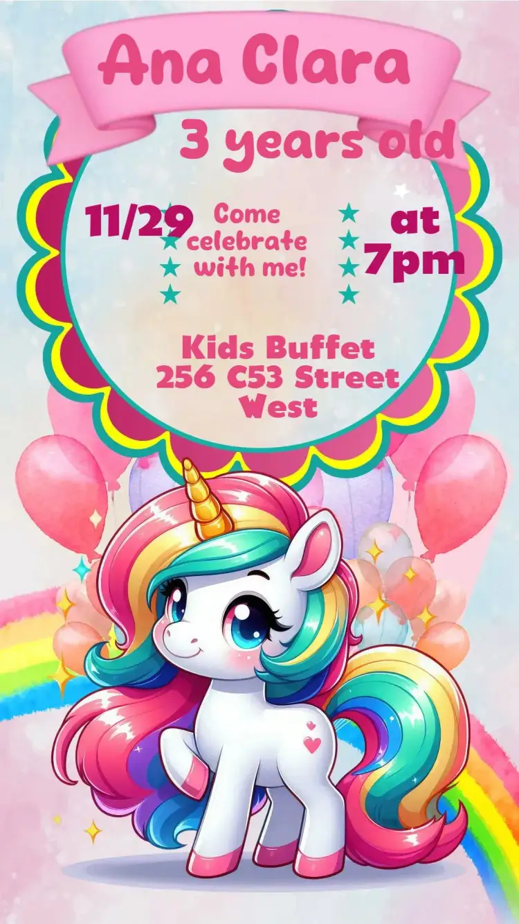 Invitation Unicorn – Kids' Birthday Party theme pastel colors, shine and glitter, magical elements, playful style, cute illustrations, inspired by fairy tales