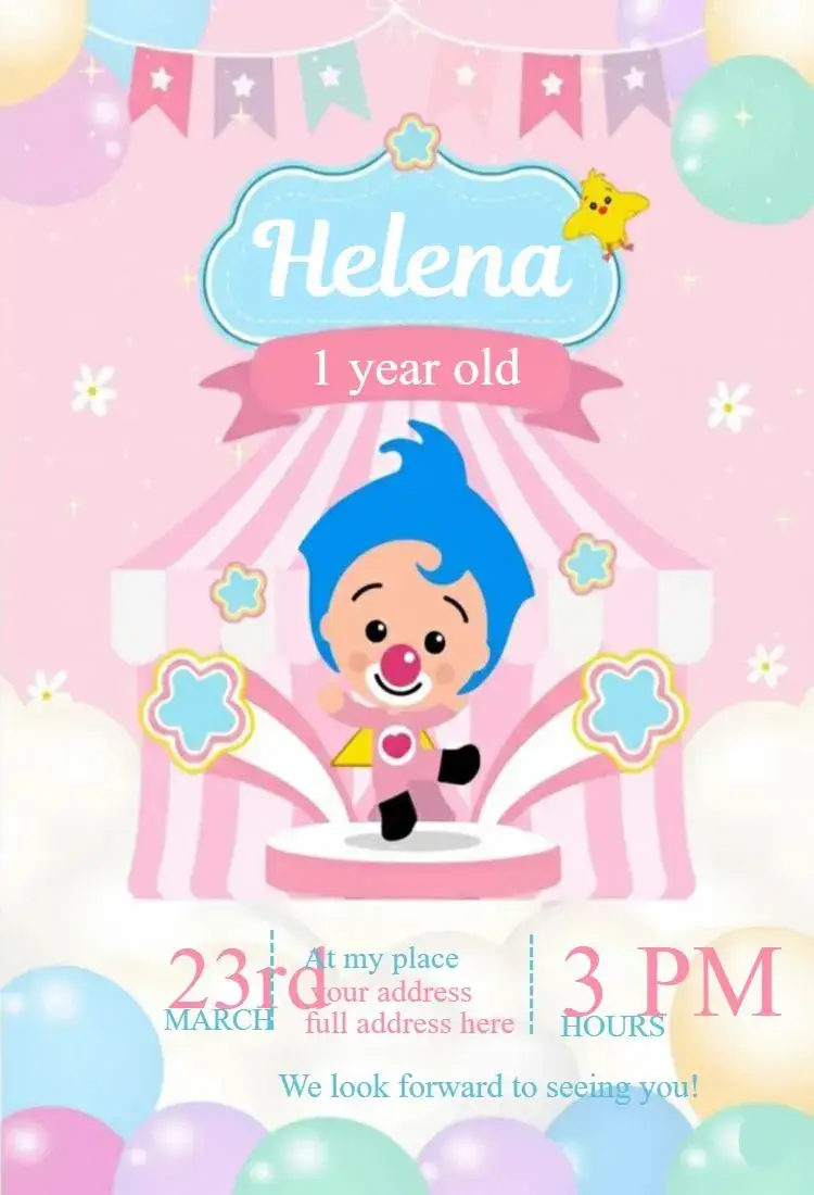Invitation Plim Plim Girl 2 – Birthday theme pink, childish, fun, colorful, cheerful, playful