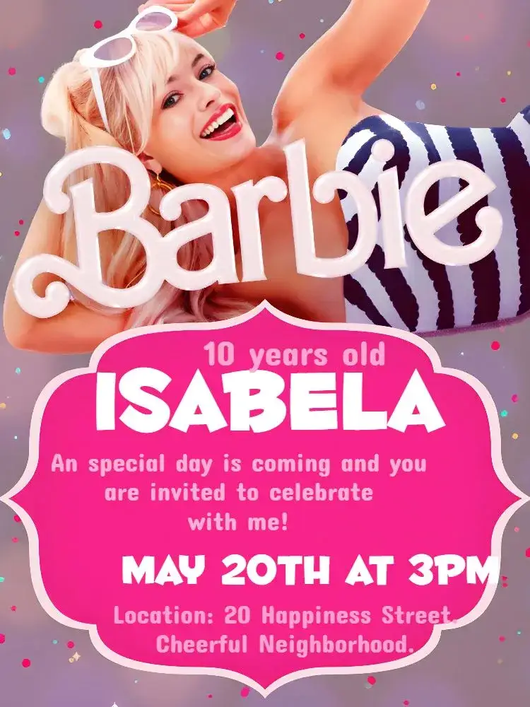 Invitation Barbie Movie – Commemorative Dates theme pink, modern, fun, bright, childish, themed