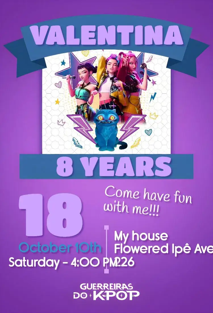 Invitation K-pop Warriors – Kids' Birthday Party theme vibrant colors, modern style, K-pop graphic elements, fun illustrations, childish design, musical themes
