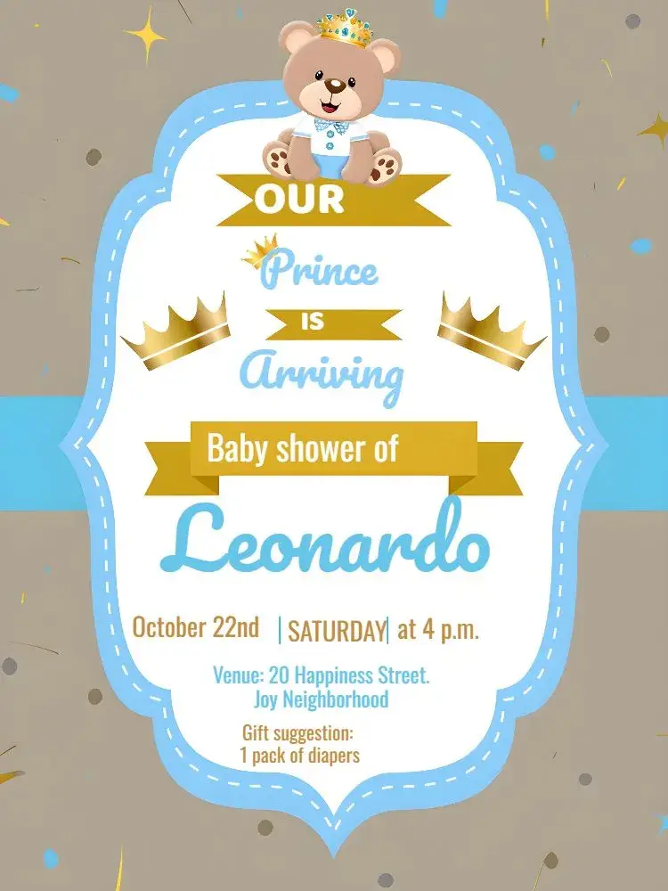 Prince Teddy Bear Baby Shower invitation