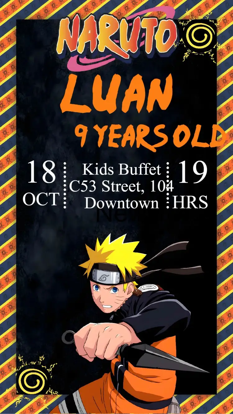 Invitation Naruto – Kids' Birthday Party theme vibrant colors, anime, adventure, fun graphic elements, friendship theme, modern style