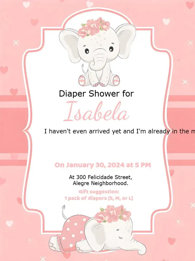 Invitation Elephant Pink Baby Shower Elephant – Diaper Shower theme floral, soft, delicate, childlike, colorful