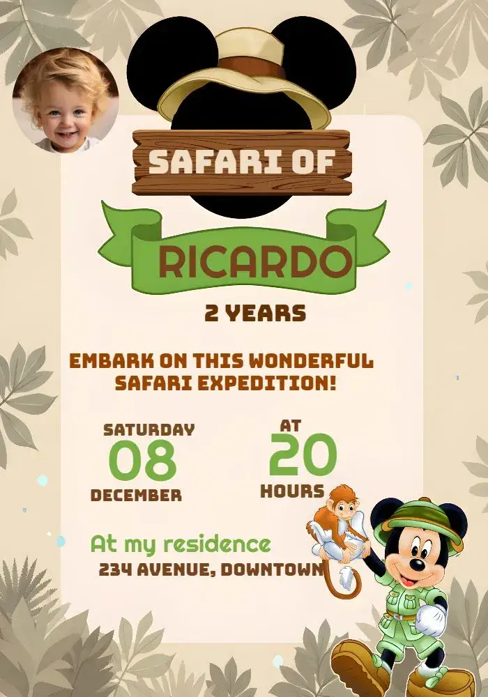 Invitation Mickey Safari With Pluto Photo – Most searched for theme safari, forest, tropical, colorful, fun, Disney