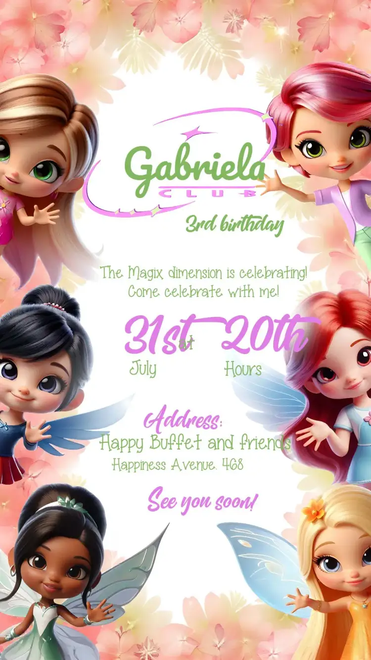 Invitation Wiki The Winx Club – Commemorative Dates theme colorful, fantasy-themed, magical, fun-filled, youthful