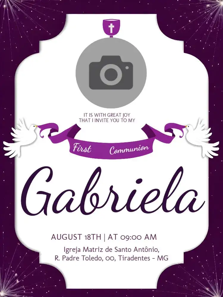 Invitation First Communion With Angel Photo – First Communion theme purple, angelic, delicate, religious, childlike, modern