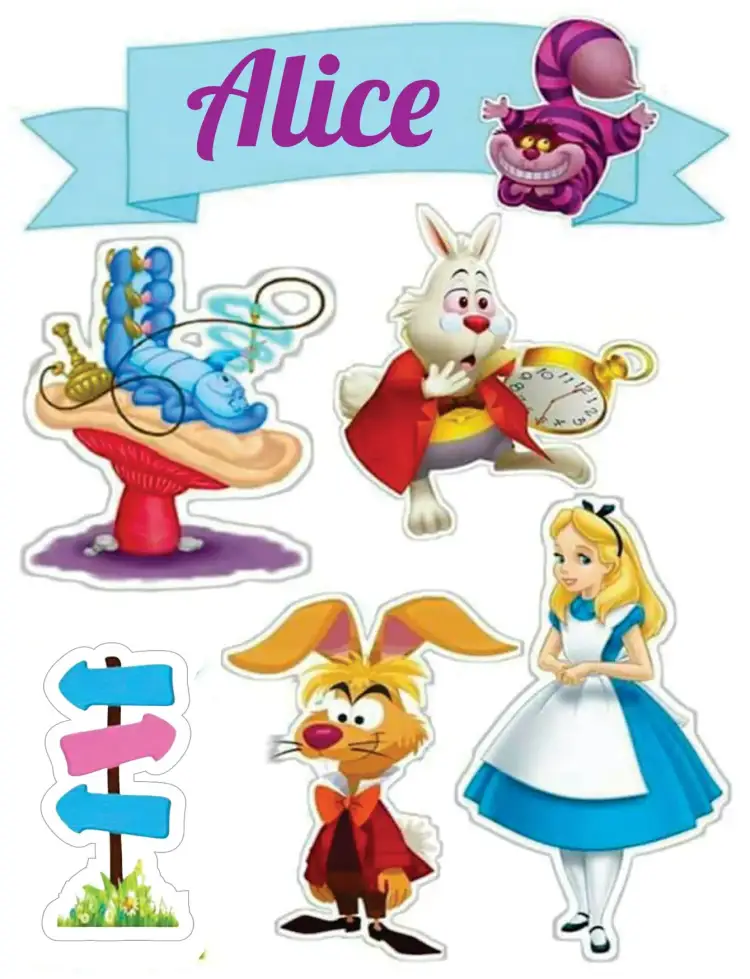 Invitation Alice in Wonderland – Cake topper theme vibrant colors, playful style, enchanting characters, graphic elements from the tale, fun design