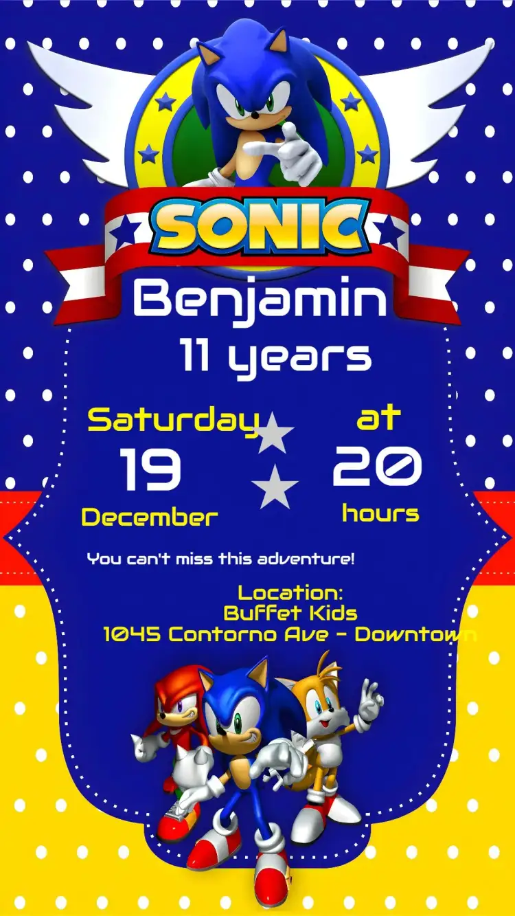 Invitation Sonic – Birthday theme vibrant, fun-filled, colorful, youthful, gaming-themed