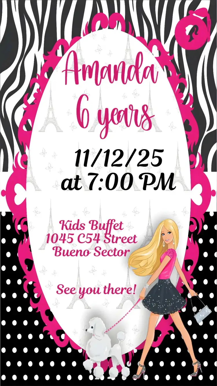 Invitation Barbie in Paris – Kids' Birthday Party theme pastel colors, modern style, graphic elements of Paris, floral, vibrant, fun