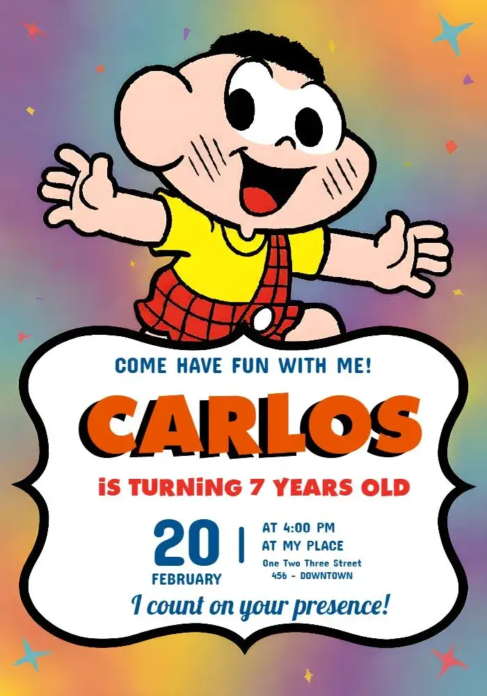 Invitation Cascão Turma Da Mônica Turmadamonica – Kids' Birthday Party theme colorful, fun, childish, illustrations from Monica's Gang, cheerful design, animated characters