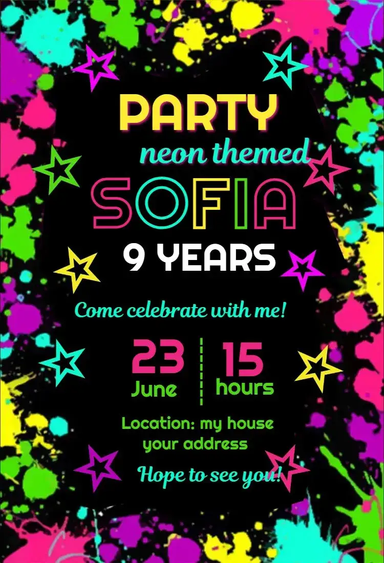 Invitation Neon 1 – Birthday theme neon, colorful, modern, fun, teen, club