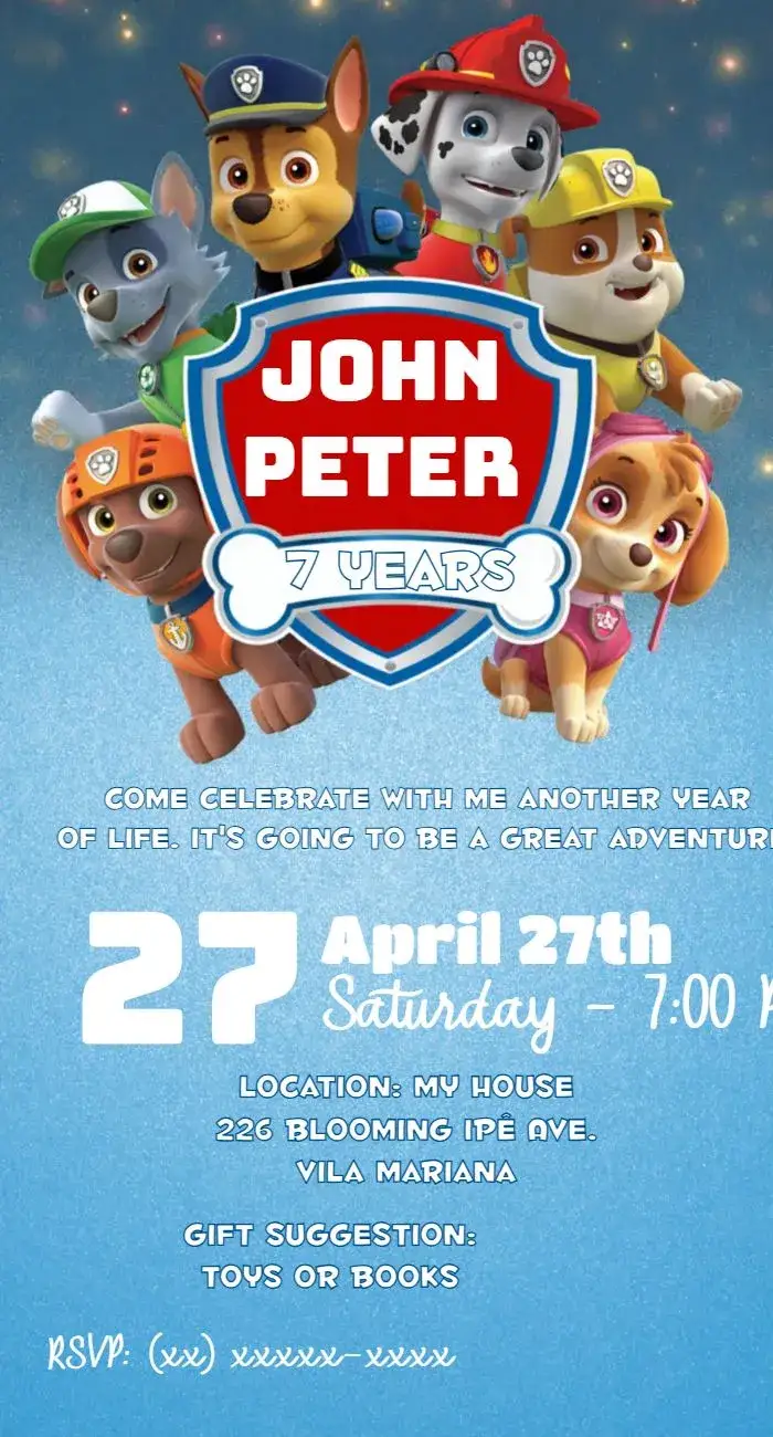Invitation Paw Patrol Dog Patrol – Kids' Birthday Party theme colorful, fun, childish, themed, animals