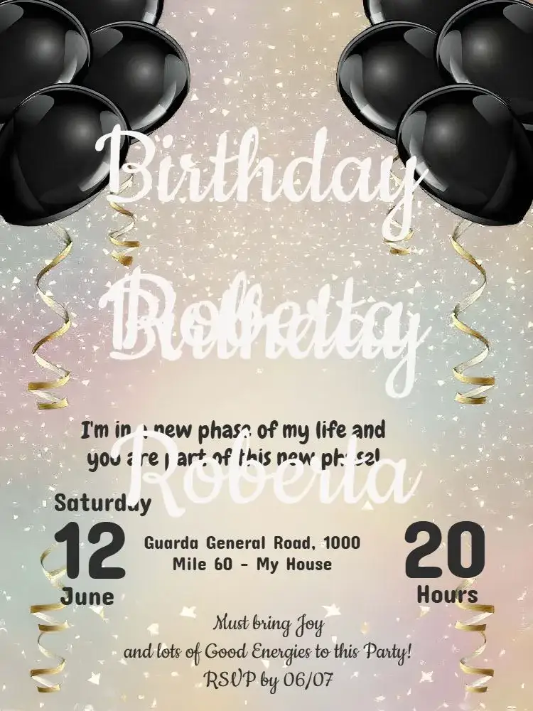Invitation 18 Years Party – Sweet 15 theme black, golden, modern, balloons, elegant