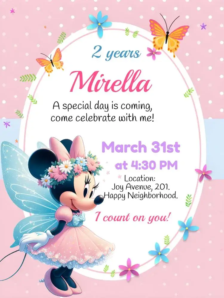 Minnie Mouse Fairy Butterfly invitation