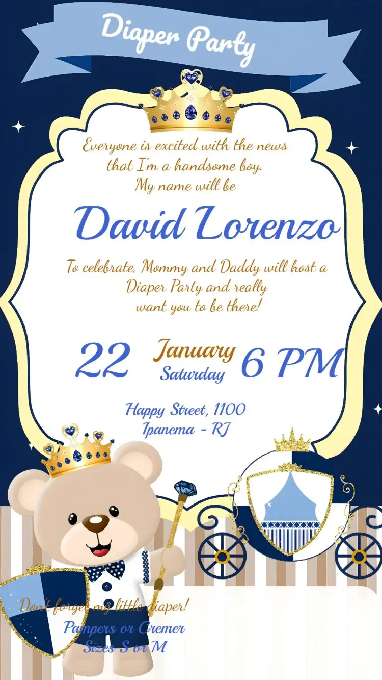 Invitation Baby Shower Little Prince Bear Gifts – Diaper Shower theme golden, glittery, modern, childish, royalty, blue