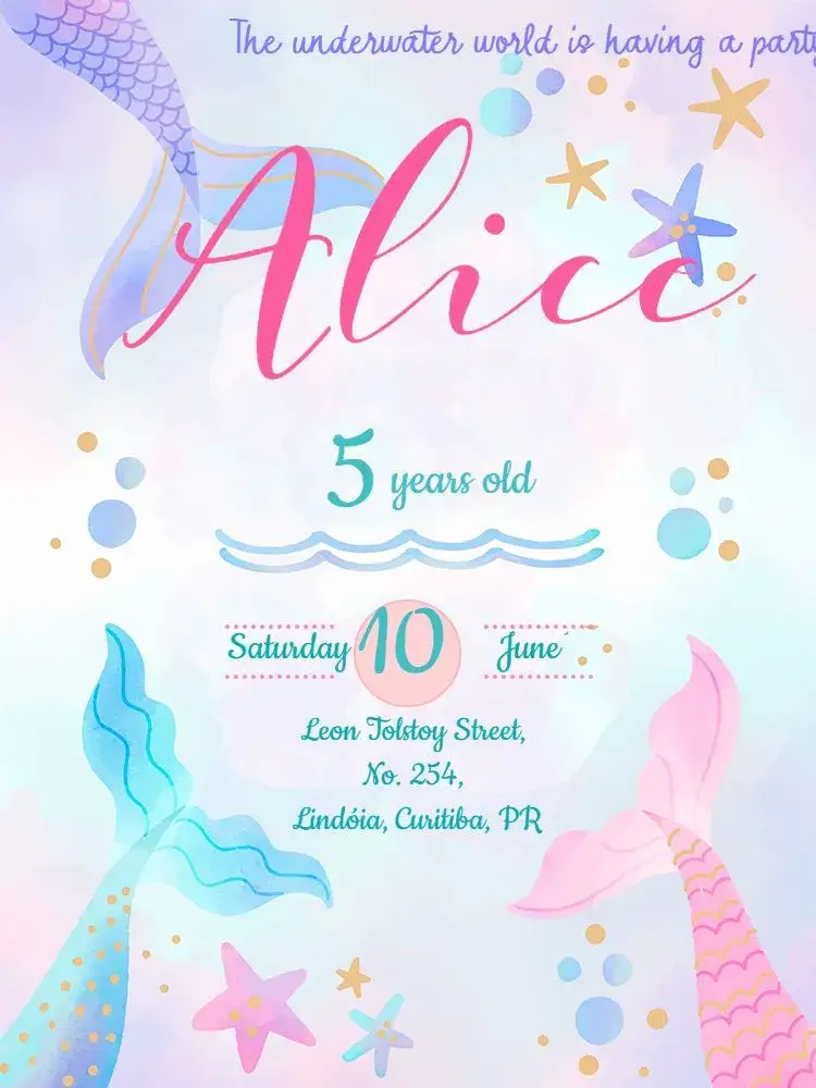 Invitation Mermaid Sea – Kids' Birthday Party theme colorful, navy blue, fantasy-themed, magical, sparkling, fun-filled