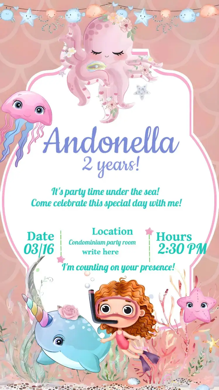 Invitation Under the Sea Girl – Kids' Birthday Party theme under the sea, mermaids, pink colors, marine elements, fun, colorful