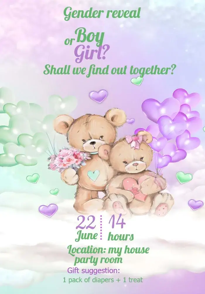 Lilac Teddy Bears Gender Reveal invitation