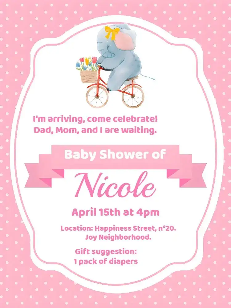 Invitation Elephant Girl Baby Shower – Bridal Shower theme roses and whites, cute animals, playful and fun, delicate and soft, modern and practical
