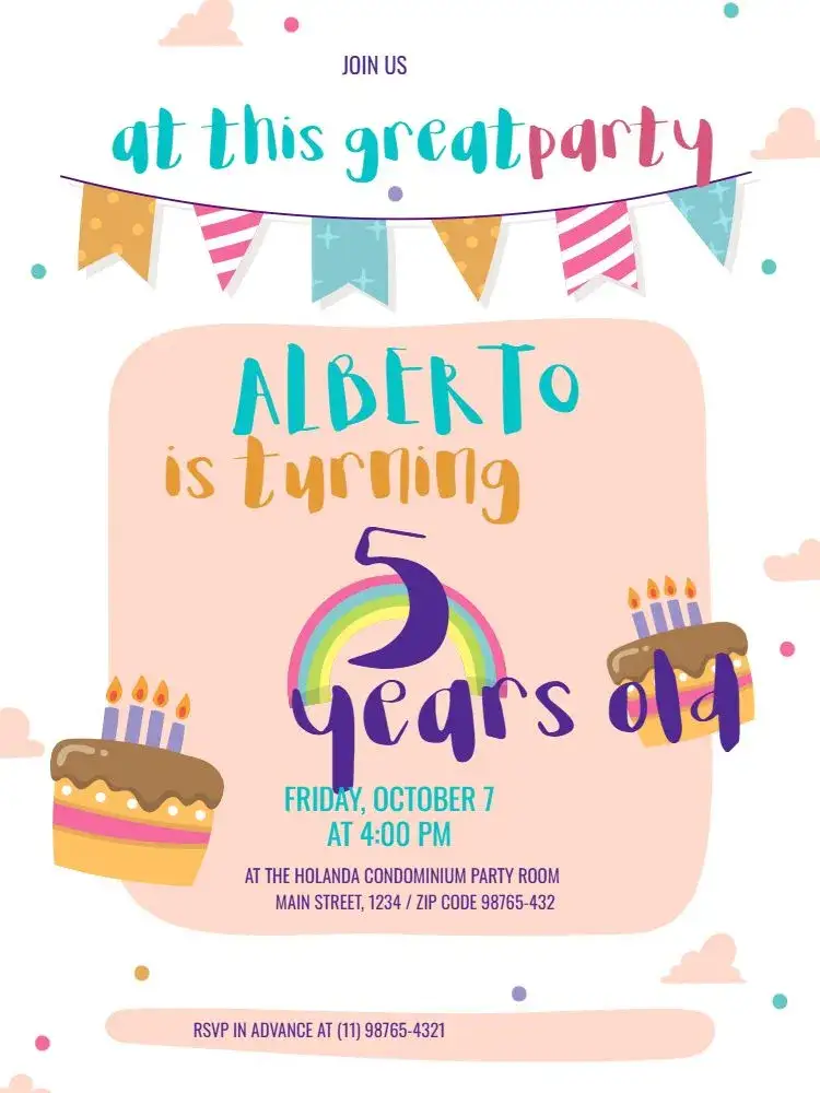 Invitation 5 Years Old Children – Kids' Birthday Party theme playful, colorful, fun, childish, cheerful, modern