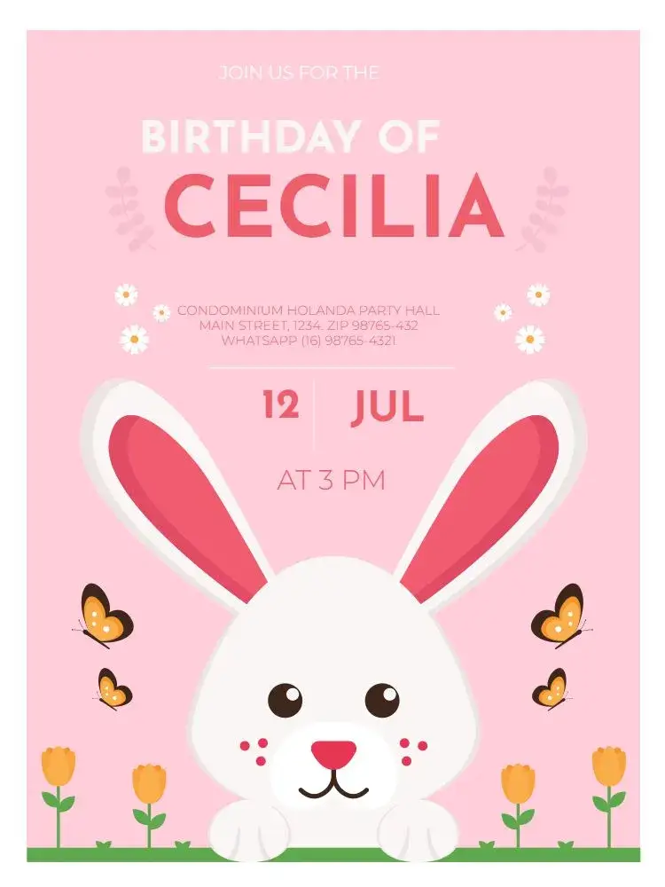 Girls' Bunny Pink Butterfly Children's Party invitation