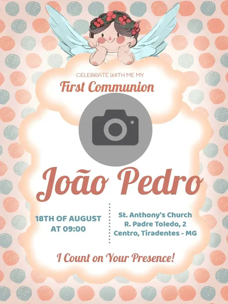 Invitation First Communion With Girl Photo – First Communion theme delicate, angelic, polka dot, soft, colorful