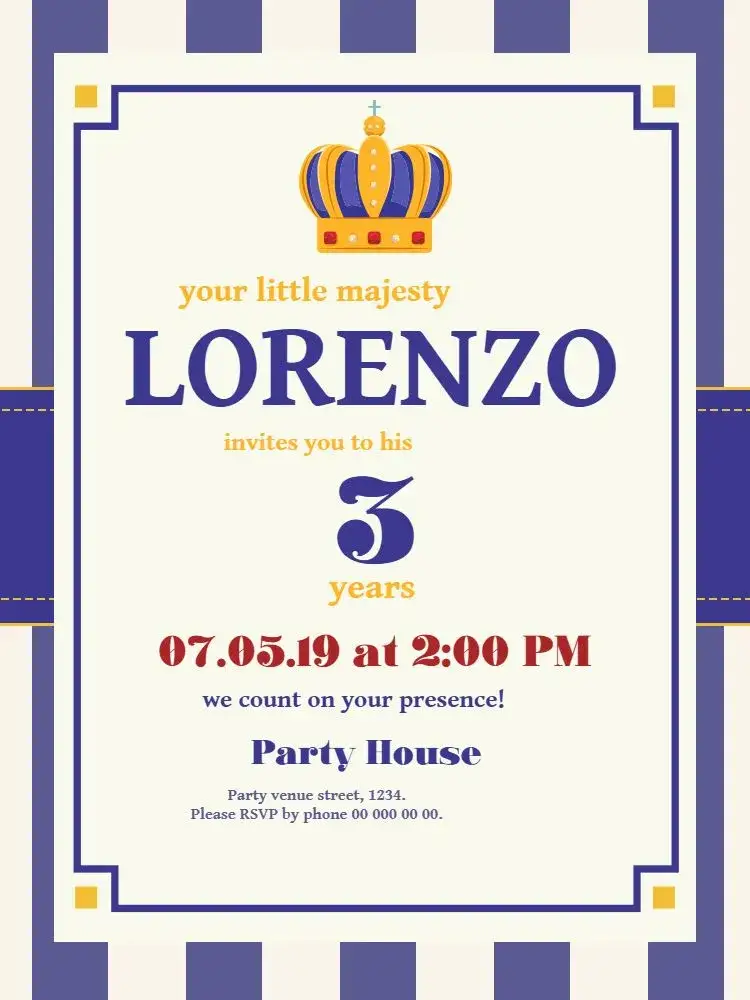 Invitation Blue Prince – Diaper Shower theme blue, golden, delicate, childish, crown, modern