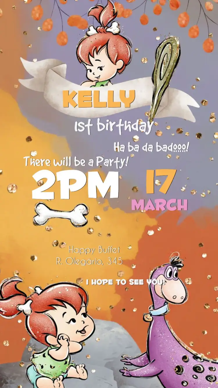 Invitation Pedrita Flinstones Age – Kids' Birthday Party theme colorful, fun, Flintstones-themed, cartoon style, vintage, playful