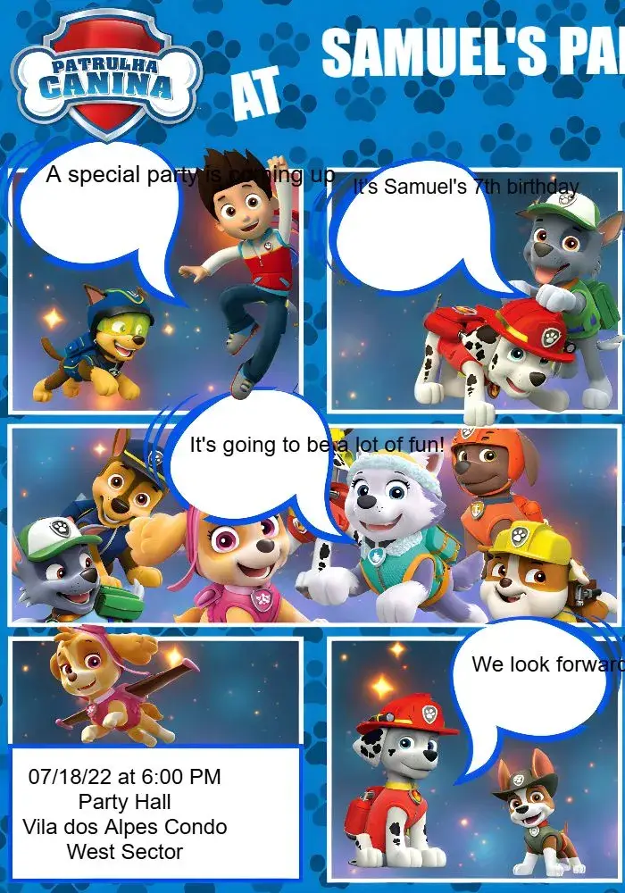 Paw Patrol Colorful Comics invitation
