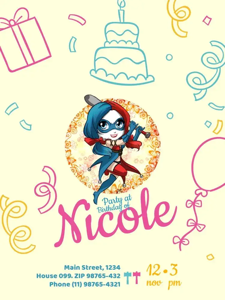 Harley Quinn Cute Character invitation