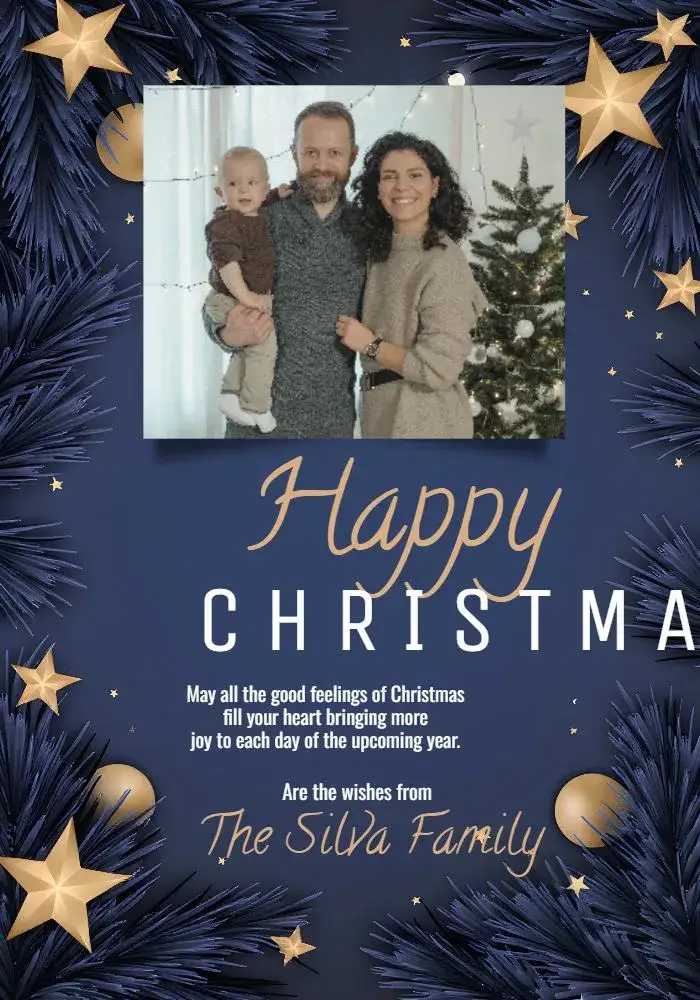Invitation Christmas Card With Photo Gifts – Commemorative Dates theme blue, golden, snow, Christmas, flowers, modern