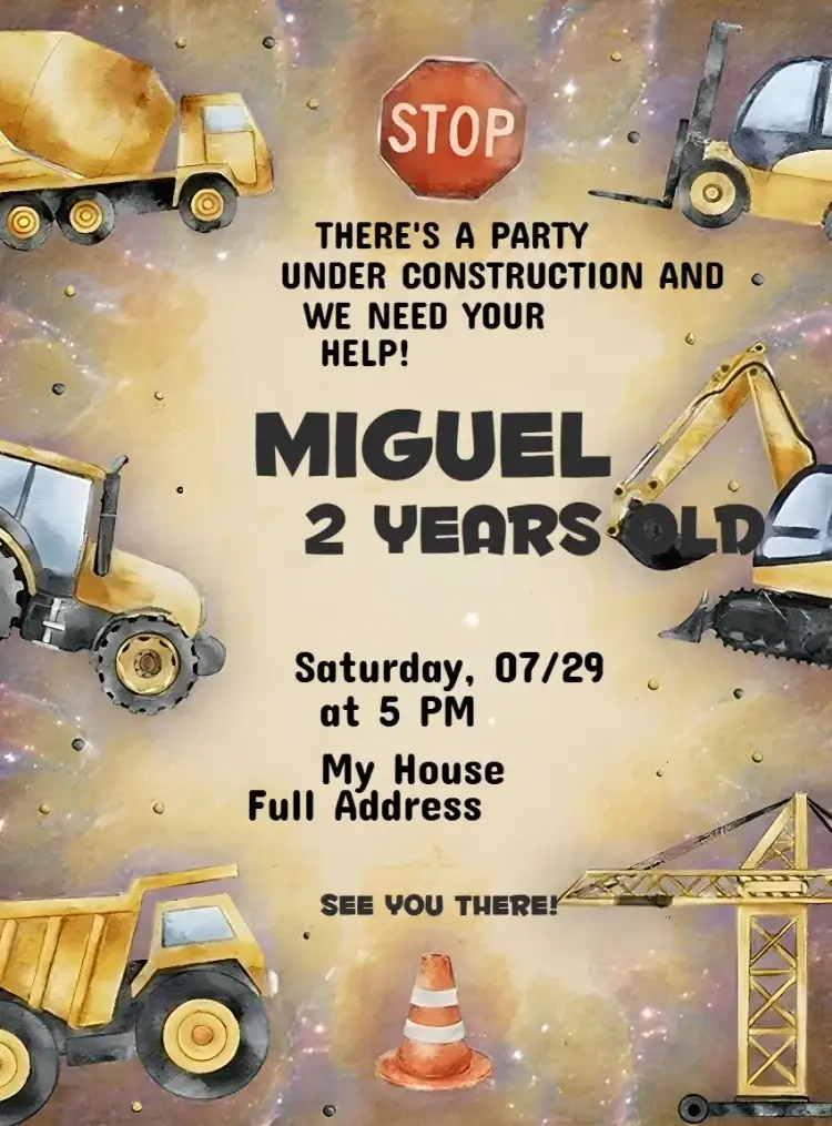 Invitation Construction Tractor Online – Raffle Tea theme yellow, orange, white, fun, themed, childish
