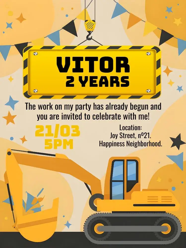 Invitation White Construction Machines – Raffle Tea theme construction theme, machinery theme, modern theme, colorful theme, childish theme, thematic theme