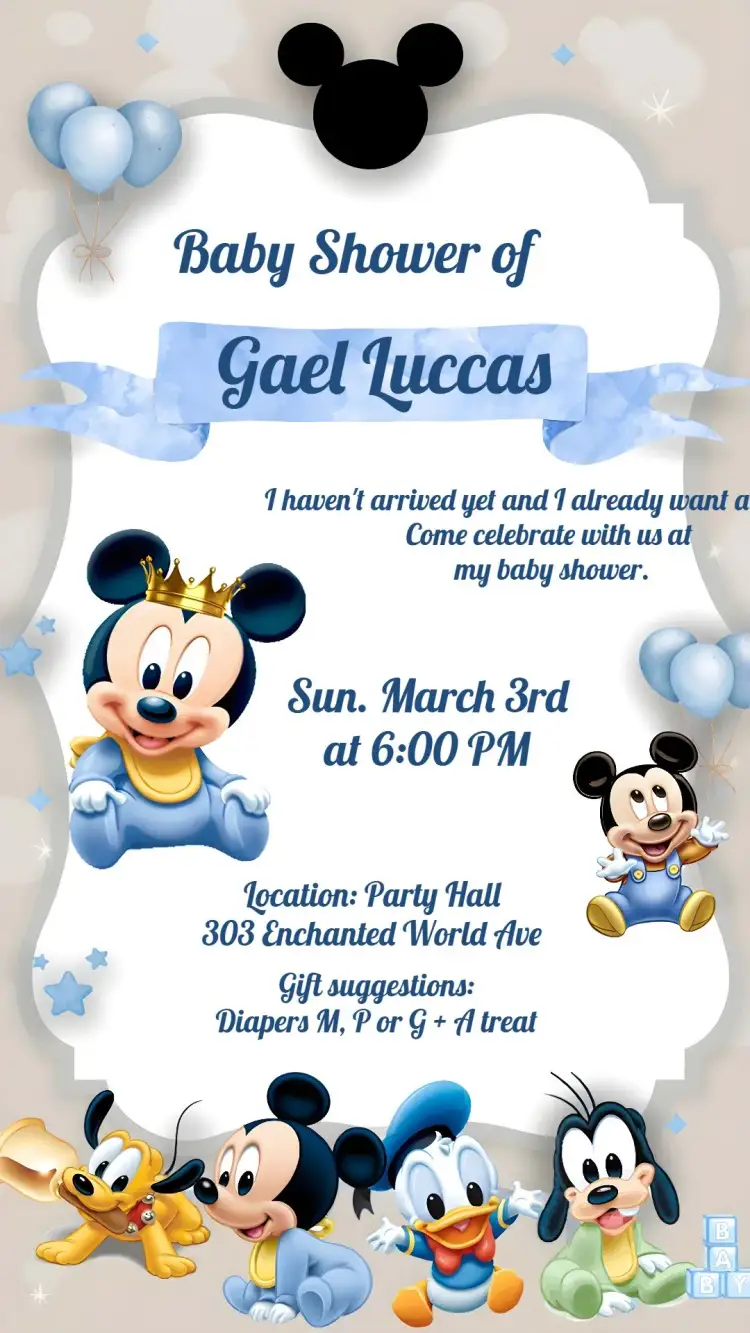 Invitation Mickey Mouse Blue Baby Shower – Most searched for theme blue, Disney, children's, fun, playful