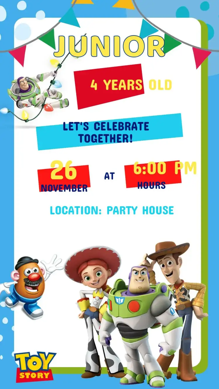 Invitation Toy Story Birthday Invitation – Kids' Birthday Party theme colorful, fun, character illustrations, adventure theme, cartoon style