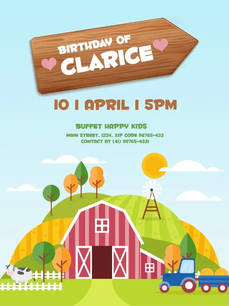 Invitation Farm Meeting – Kids' Birthday Party theme light colors, playful style, countryside elements, childlike visuals, nature