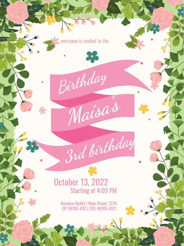 Invitation Enchanted Ludic Digital Garden Celebration – Kids' Birthday Party theme floral, delicate, playful, green and pink, enchanted garden, children's theme