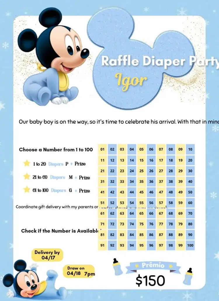 Invitation Mickey Baby Blue – Raffle Tea theme light blue, childish illustrations, fun, colorful, Mickey-themed, pajama