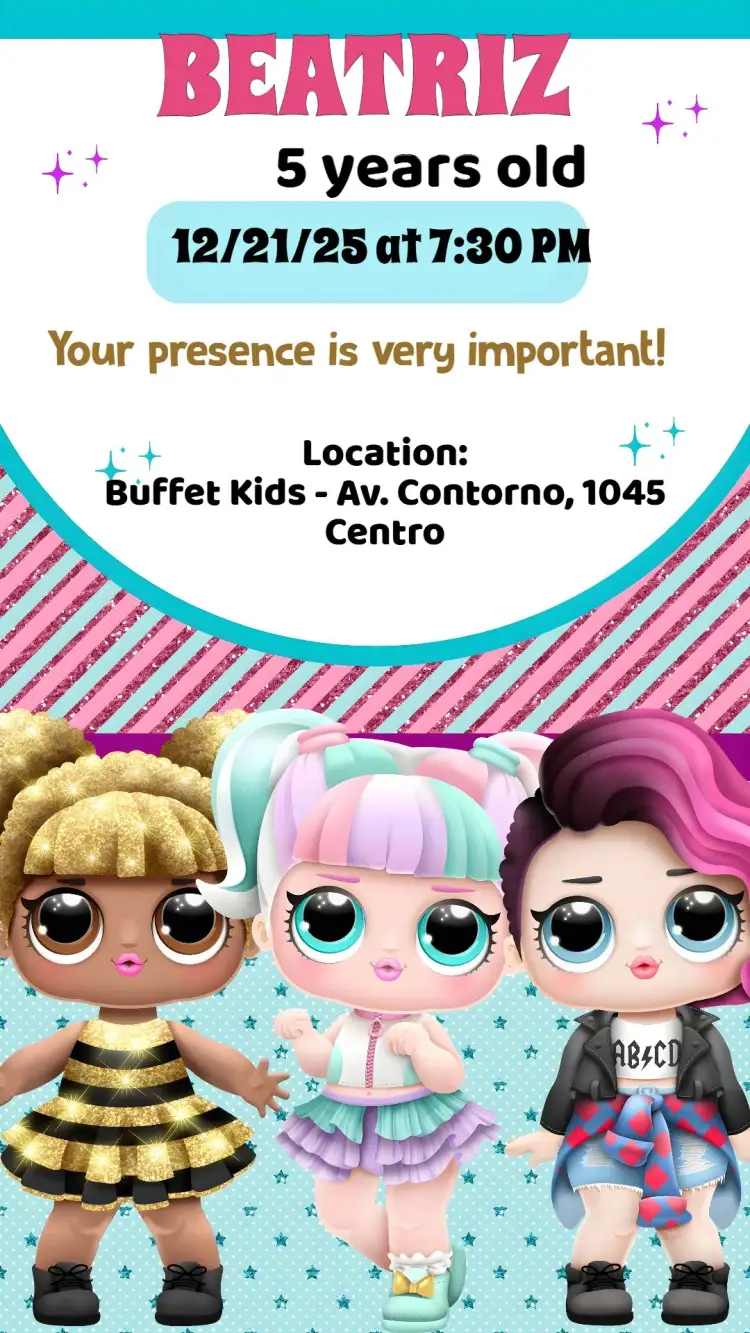 Invitation LOL – Kids' Birthday Party theme vibrant colors, fun style, doll graphic elements, cheerful design, LOL party theme