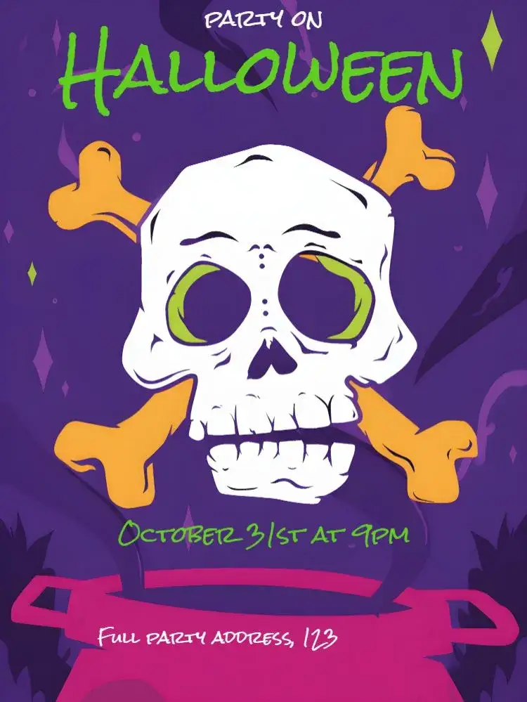 Invitation Halloween Das – Commemorative Dates theme purple, witches, skulls, cauldrons, gothic elements