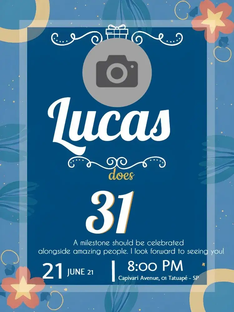 Invitation Male With Photo Party – Birthday theme modern, clean, minimalist, blue and gold, chevron, elegant