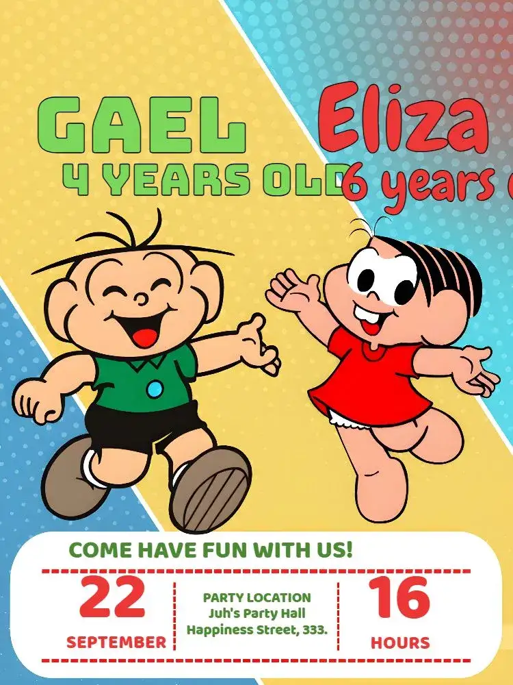 Invitation Double Cebolinha And Monica Gang – Most searched for theme colorful, childish, fun, themed, playful illustrations
