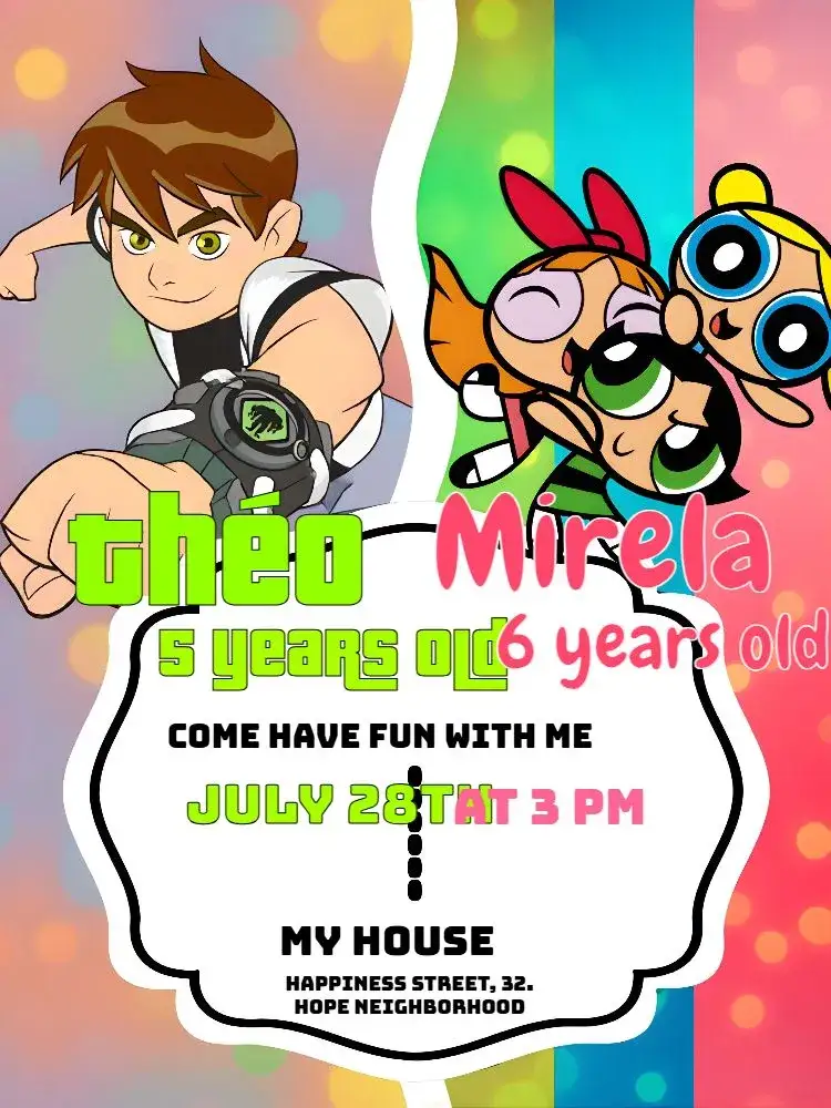 Invitation Double Ben 10 And The Powerpuff Girls Themes – Kids' Birthday Party theme colorful, fun, lively, childish, themed