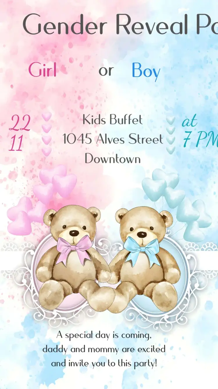 Invitation Gender Reveal Party – Gender Reveal theme teddy bears, pastel, fun, colorful, modern, cheerful