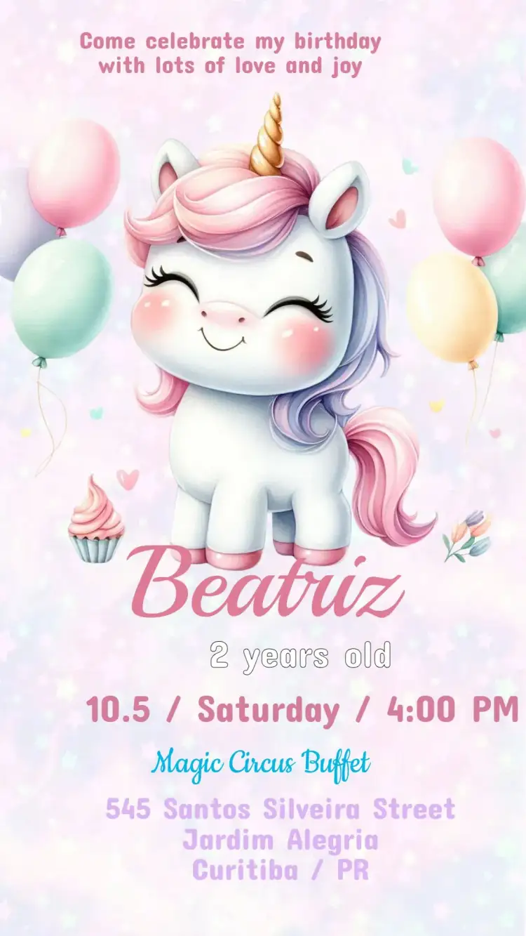 Invitation Unicorn Birthday Invitation – Kids' Birthday Party theme soft colors, magical elements, playful illustrations, fun style, fantasy theme