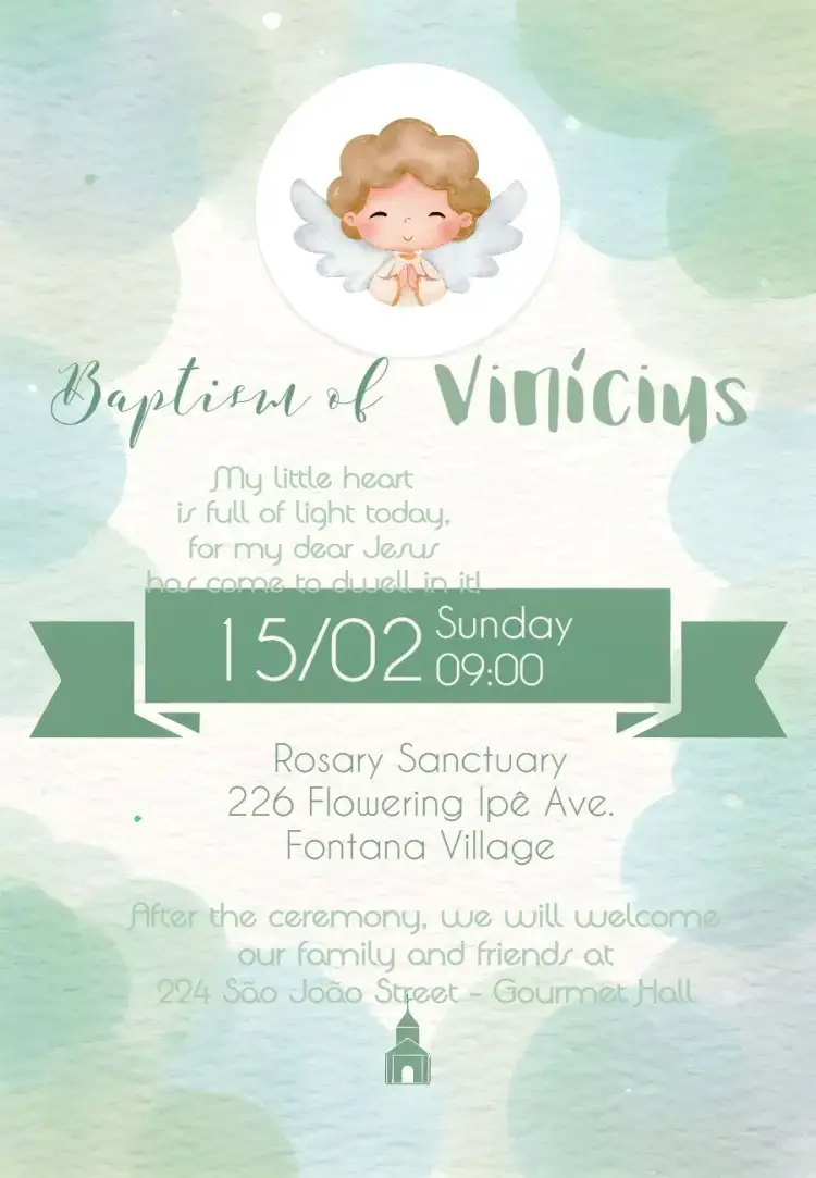 Invitation White Little Angel Baptism – First Communion theme minimalist, classic, Catholic, delicate, green and white, angels