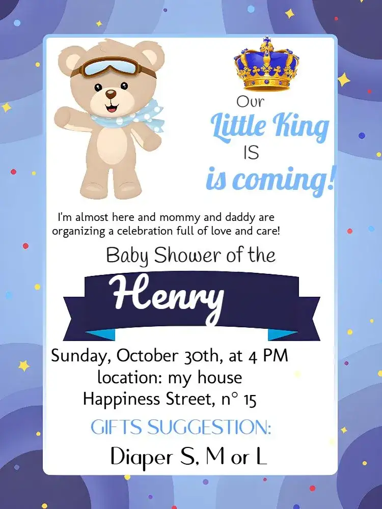 Invitation Prince Teddy Bear Baby Shower Royalty – Diaper Shower theme blue and white, royalty, teddy bear, modern, elegant