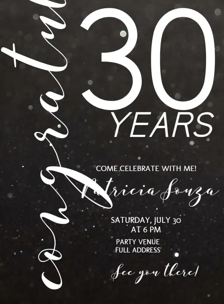 Invitation 30 Years White Glitter – Sweet 15 theme glitter, white, elegant, modern, festive, minimalist