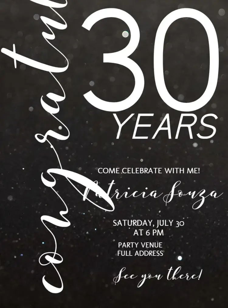 30 Years White Glitter invitation