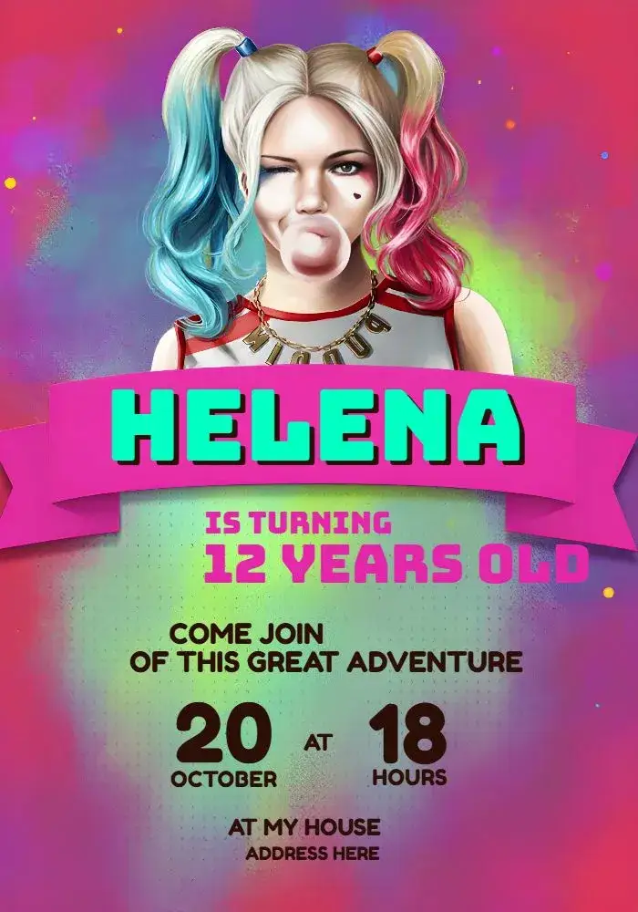 Invitation Harley Quinn Joker – Kids' Birthday Party theme vibrant colors, comic style, playful elements, fun design, superhero theme, color mix